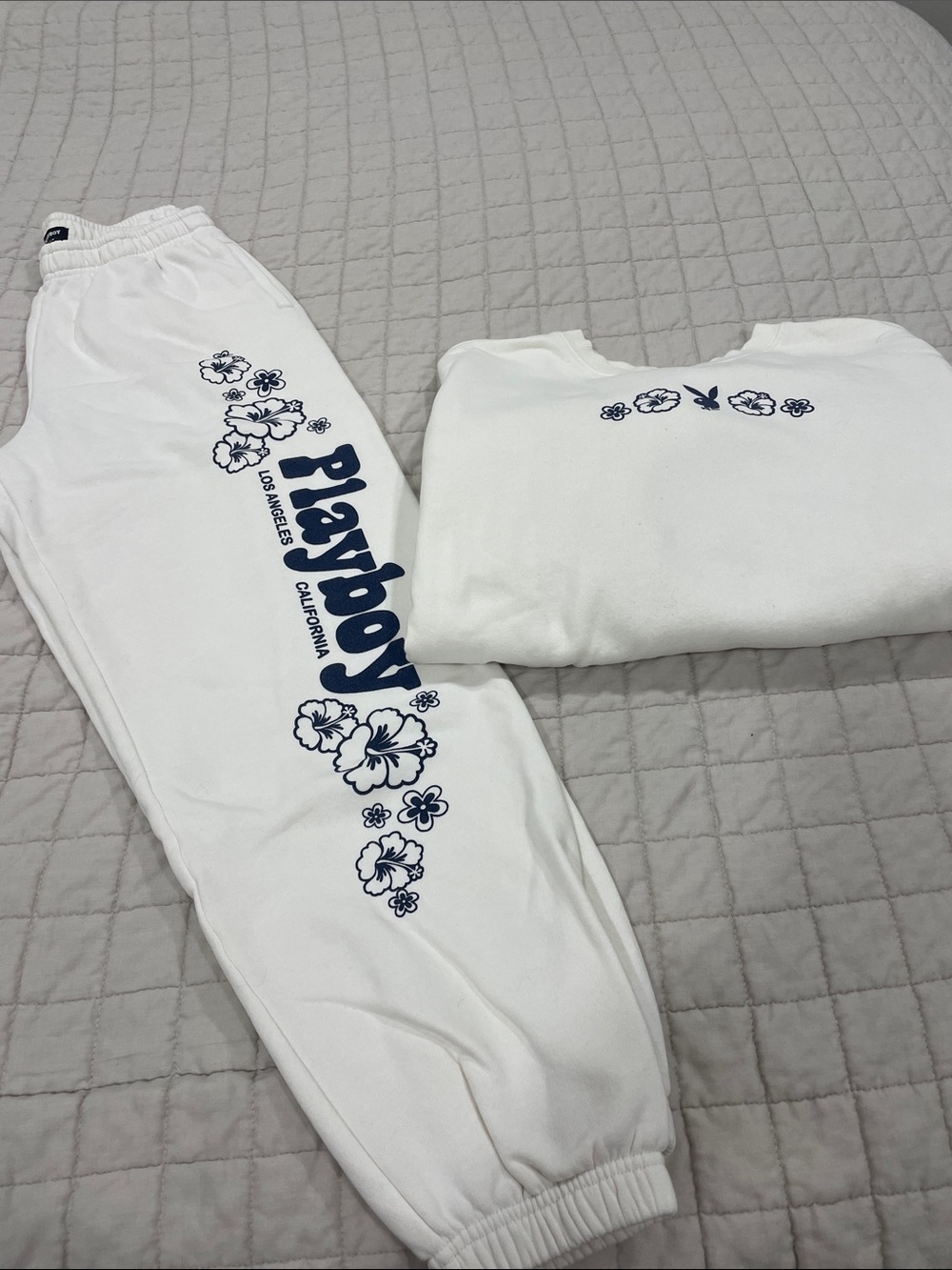 PacSun White Track Joggers with Navy Playboy Floral Print